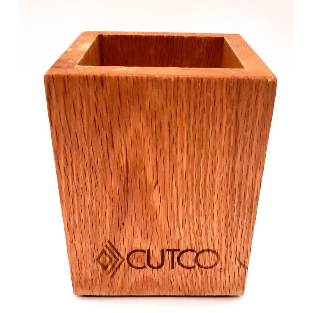 Cutco Wooden Square Utensil Holder Made In USA Oak Honey Golden